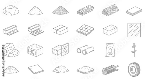A collection of various construction materials, depicted in a simple, illustrative style for design purposes.