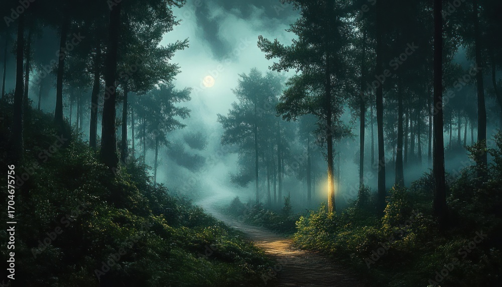Fototapeta premium Misty forest path illuminated by soft moonlight and a glowing lantern on a tree, creating a mysterious and tranquil nighttime atmosphere