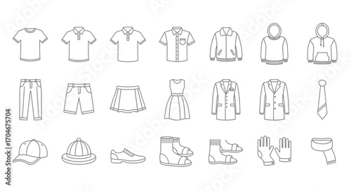 Outline illustrations of various clothing and footwear items.