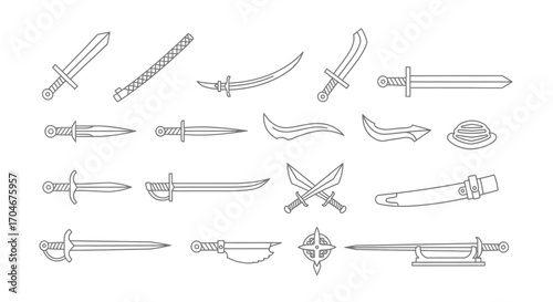 Collection of various medieval-style sword illustrations, line art, simple design.
