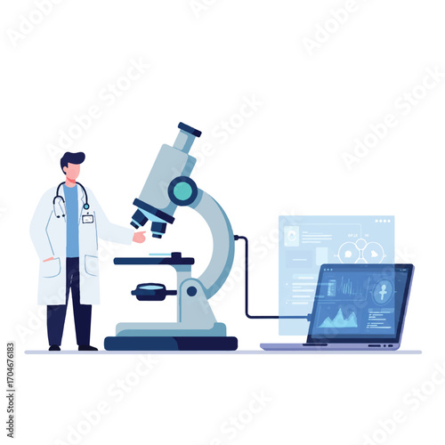 Flat 2D vector illustration of a scientist standing next to a microscope with a laptop and screen on a white background, celebrating World Science Day for Peace and Development.