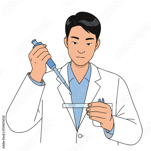 A scientist in a white lab coat carefully using a pipette and test tube on World Science Day for Peace and Development, depicted in a flat 2D vector illustration.