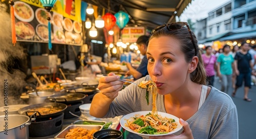Fototapeta Naklejka Na Ścianę i Meble -  Woman eating noodles at a bustling Asian street food market at dusk with colorful lanterns