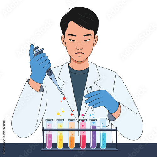 Flat 2D vector illustration of a scientist in a lab coat carefully transferring colorful liquids between test tubes on World Science Day for Peace and Development.