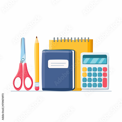 A vector set of colorful school and office supplies arranged neatly, featuring a notebook, calculator, pencil, and scissors on a clean background