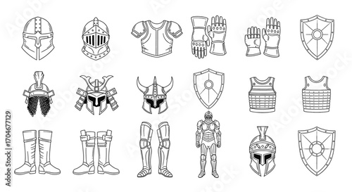 A collection of various historical and fantasy armor pieces, including helmets, shields, and protective garments.