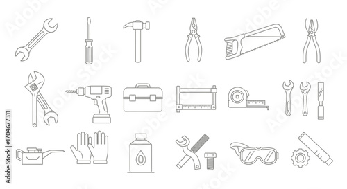 Outlined illustration of various hand tools used for construction and repair work.