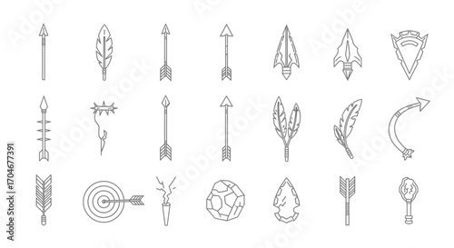 Collection of various stylized line art representations of arrows, arrowheads, and archery-related objects.