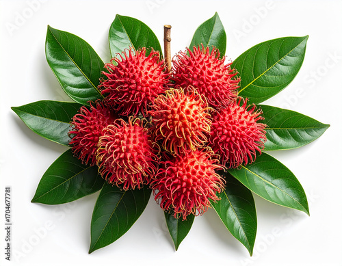 A vibrant arrangement of ripe red rambutan fruits, nestled amongst lush green leaves.