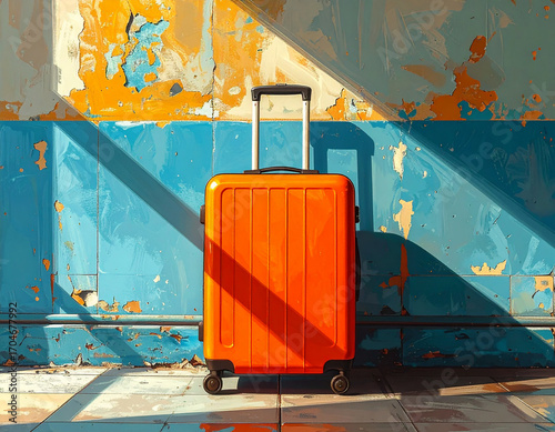 A bright orange luggage bag with a handle stands against a distressed blue and yellow wall.