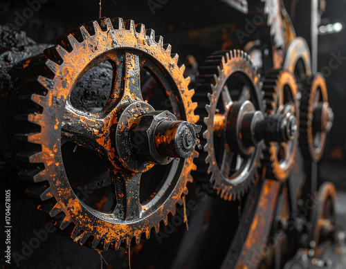 Orange and black, rust-covered gears of an old, abandoned industrial machine inside a factory.
