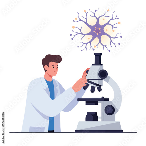Flat 2D vector illustration of a scientist examining a specimen through a microscope with a neuron cell above, on World Science Day for Peace and Development.