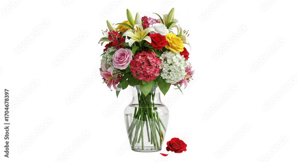 Obraz premium Vibrant bouquet of assorted flowers in a clear glass vase a stunning arrangement for any occasion transparent background