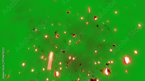 Green Screen Explosion with Fiery Particles and Debris Flying Outwards, Dynamic Motion Graphic