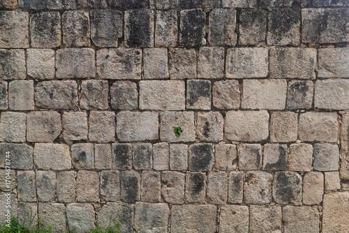 Beautiful macro photo of an antique mayan civilization stone wall into Chichen Itza archaeological site