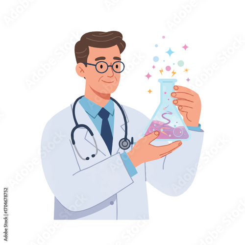 A smiling male doctor in a lab coat holding a colorful beaker with a purple liquid and colorful sparks, celebrating World Science Day for Peace and Development in a flat 2D vector