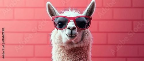 white llama wearing oversized red sunglasses posing confidently against a pink brick wall background