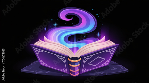 Magic book with colorful smoke and stars vector illustration for fantasy and fairytale concepts art design