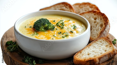Creamy broccoli cheddar soup garnished with fresh broccoli and chopped herbs served in a white bowl with slices of rustic bread on a wooden board