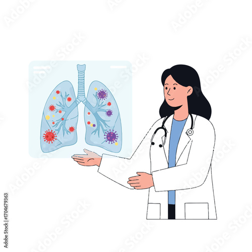 A female doctor in a white coat presents an illustration of lungs with disease, World Science Day for Peace and Development concept, flat 2D vector graphic.