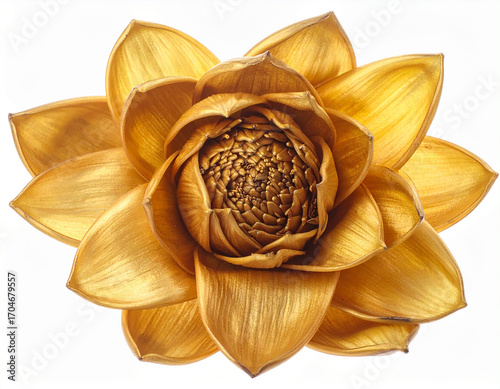 A striking, golden-hued banana blossom, showcasing its intricate, layered petals, isolated on a clean white background.