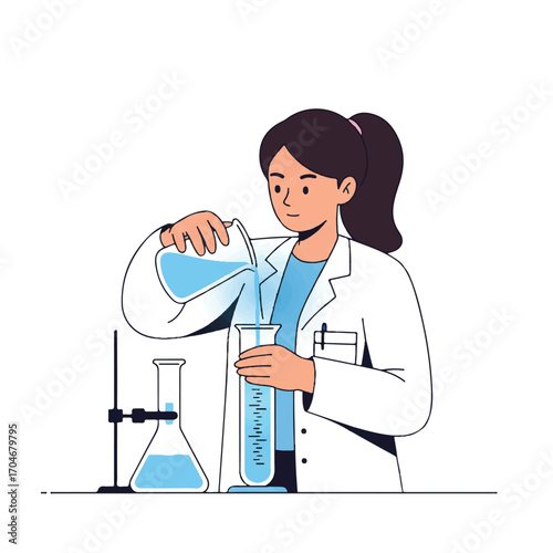 A female scientist in a lab coat pouring liquid from one beaker into another on World Science Day for Peace and Development, depicted in a flat 2D vector style.