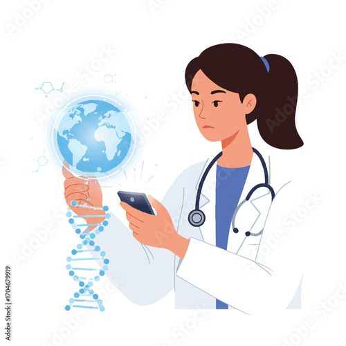 A female doctor in a white coat holds a glowing blue globe and a smartphone with a DNA helix rising from her hand on World Science Day for Peace and Development in a flat 2D vector