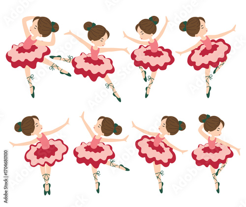 Christmas Ballerina girl character clipart set. Cute and lovely ballerina fairy drawing clip art collection wearing pink and red costume ballet dancer character design vector illustration.
