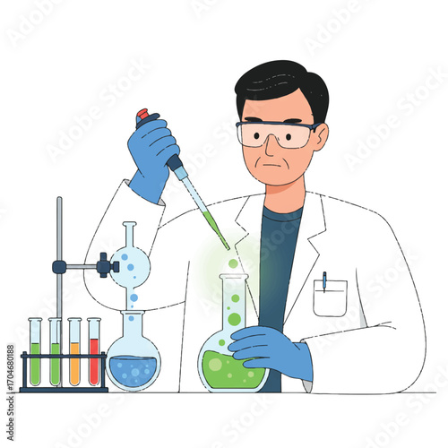 A scientist in a lab coat carefully transfers liquid from a pipette into a beaker on World Science Day for Peace and Development, depicted in a flat 2D vector illustration with a focus on