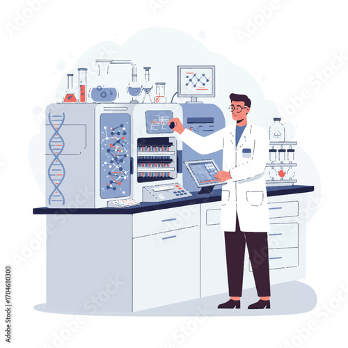 Flat 2D vector illustration of a scientist in a lab, working on a DNA sequencing machine on World Science Day for Peace and Development.