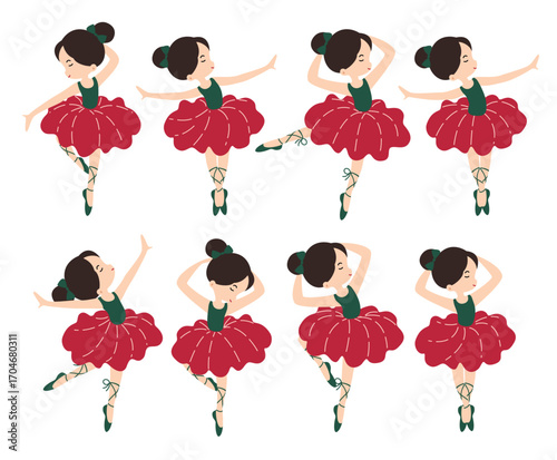 Christmas Ballerina girl character clipart set. Cute Ballerina doll clip art lovely ballet dancer with elegance posture wearing green and red costume for Christmas card design collection beautiful 