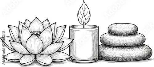 Serene spa elements, lotus flower, burning candle, and stacked stones create ultimate relaxation scene