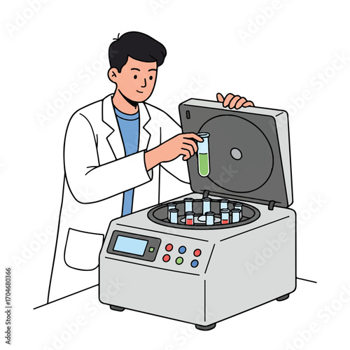 A scientist in a lab coat carefully places a test tube into a centrifuge on World Science Day for Peace and Development, depicted in a flat 2D vector illustration with a focus on scientific