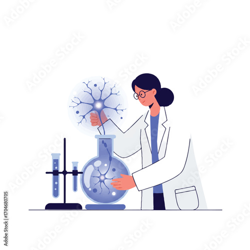 A female scientist in a lab coat examines a glowing neuron model in a beaker with test tubes nearby on World Science Day for Peace and Development, depicted in a flat 2D vector style.