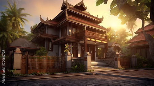 Exotic Balinese villa bathed in golden sunlight evokes a sense of serenity and luxury living