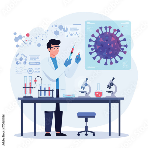 Flat 2D vector illustration of a scientist in a lab working with a pipette and test tubes on World Science Day for Peace and Development.