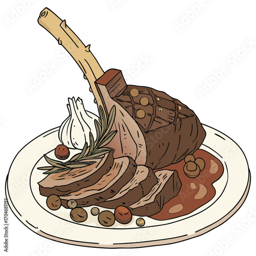 Sliced Roasted Meat Shank with Garlic, Rosemary, and Olives on a Plate bone