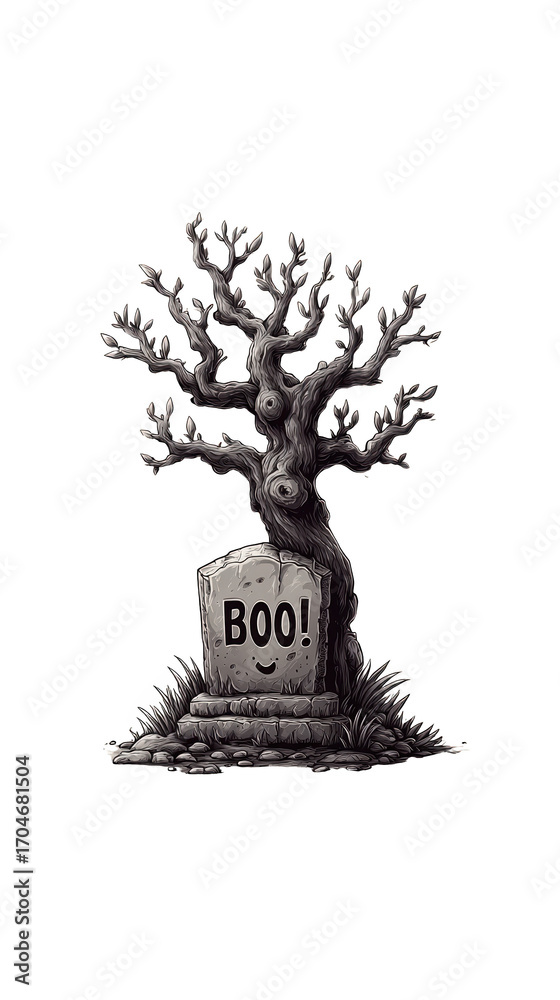Fototapeta premium Spooky graveyard scene with eerie tree and humorous tombstone design