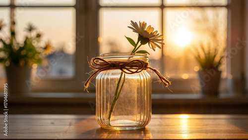 Find a quiet moment of calm and simple beauty with this elegant daisy, glowing in the soft, warm light of a window.