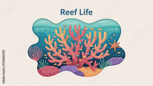 Colorful coral reef ecosystem illustration with tropical fish and marine life for ocean conservation design