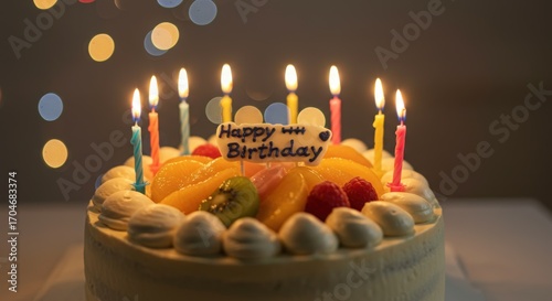 A delicious fruit-topped birthday cake with colorful lit candles glowing warmly in front of a soft bokeh light background for a festive celebration