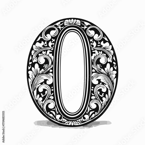 Number zero with 3d bevel classic ornaments, engraving, and linocut style illustration