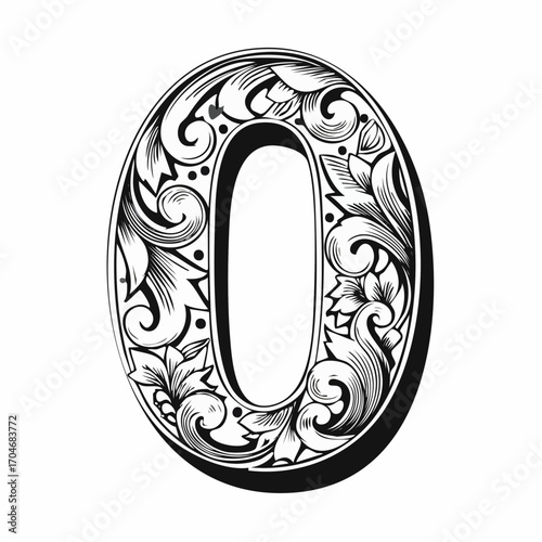 Number zero with 3d bevel classic ornaments, engraving, and linocut style illustration