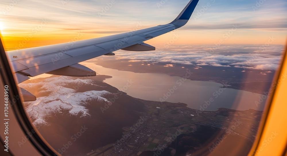 Obraz premium Aerial view from airplane window shows wing over snowy mountains calm lake and clouds at sunset