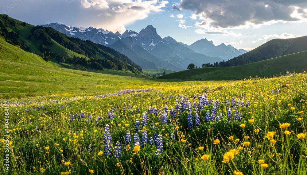 Fototapeta premium Scenic Green Valley with Pastel Wildflowers