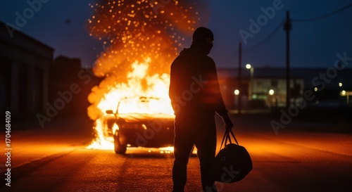Silhouette figure against backdrop of a car engulfed in flames at twilight hour scene depicts