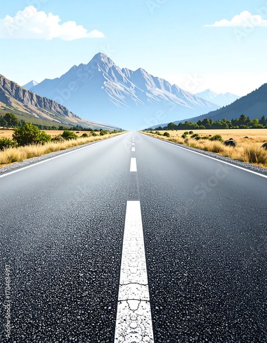 Empty asphalt road stretches into a mountain vista