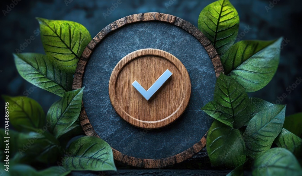 custom made wallpaper toronto digitalwooden circular emblem with metal check mark surrounded by vibrant green leaves on dark textured surface
