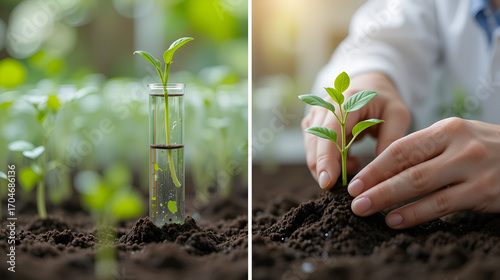 A researcher carefully removes a green sprout from a glass test tube grown in a laboratory. Close-up of an employee's hands planting a prepared plant seedling in prepared soil