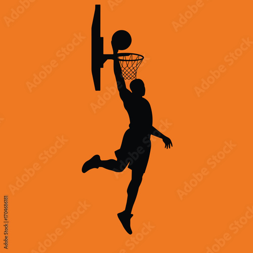 Vector Illustration of a Basketball Player Dunking in Modern Silhouette Style with Black Figure on Bright Orange Background